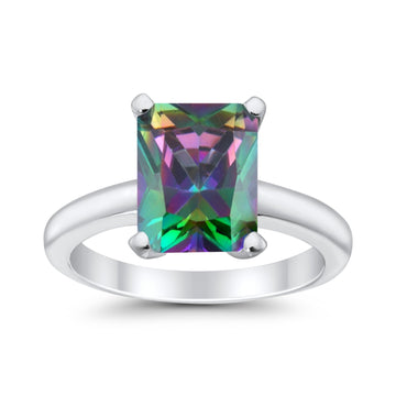 Solitaire Engagement Ring Radiant Simulated Rainbow CZ 925 Sterling Silver